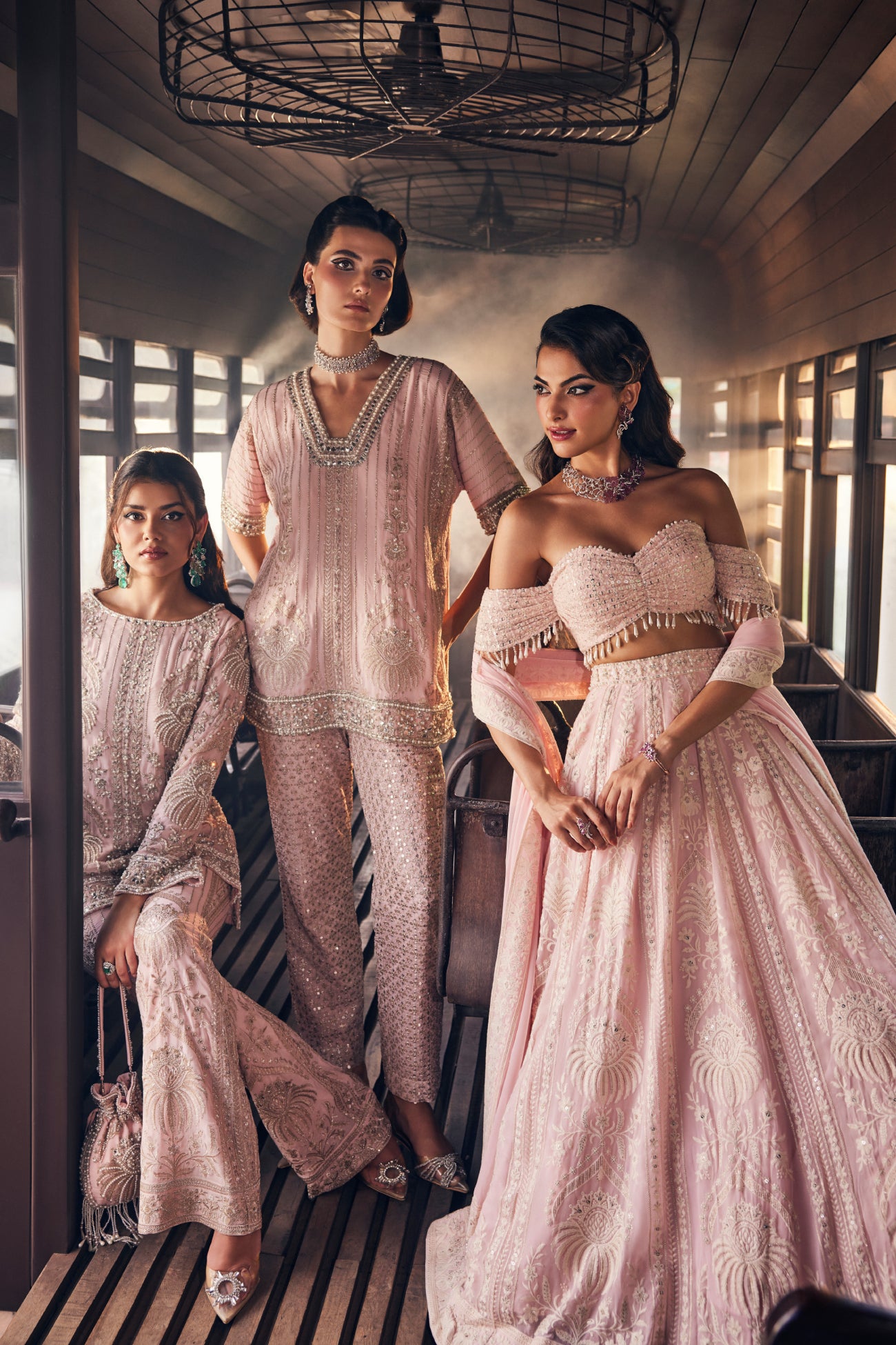 Perle Off-Shoulder Lehenga Set in Pink Thread