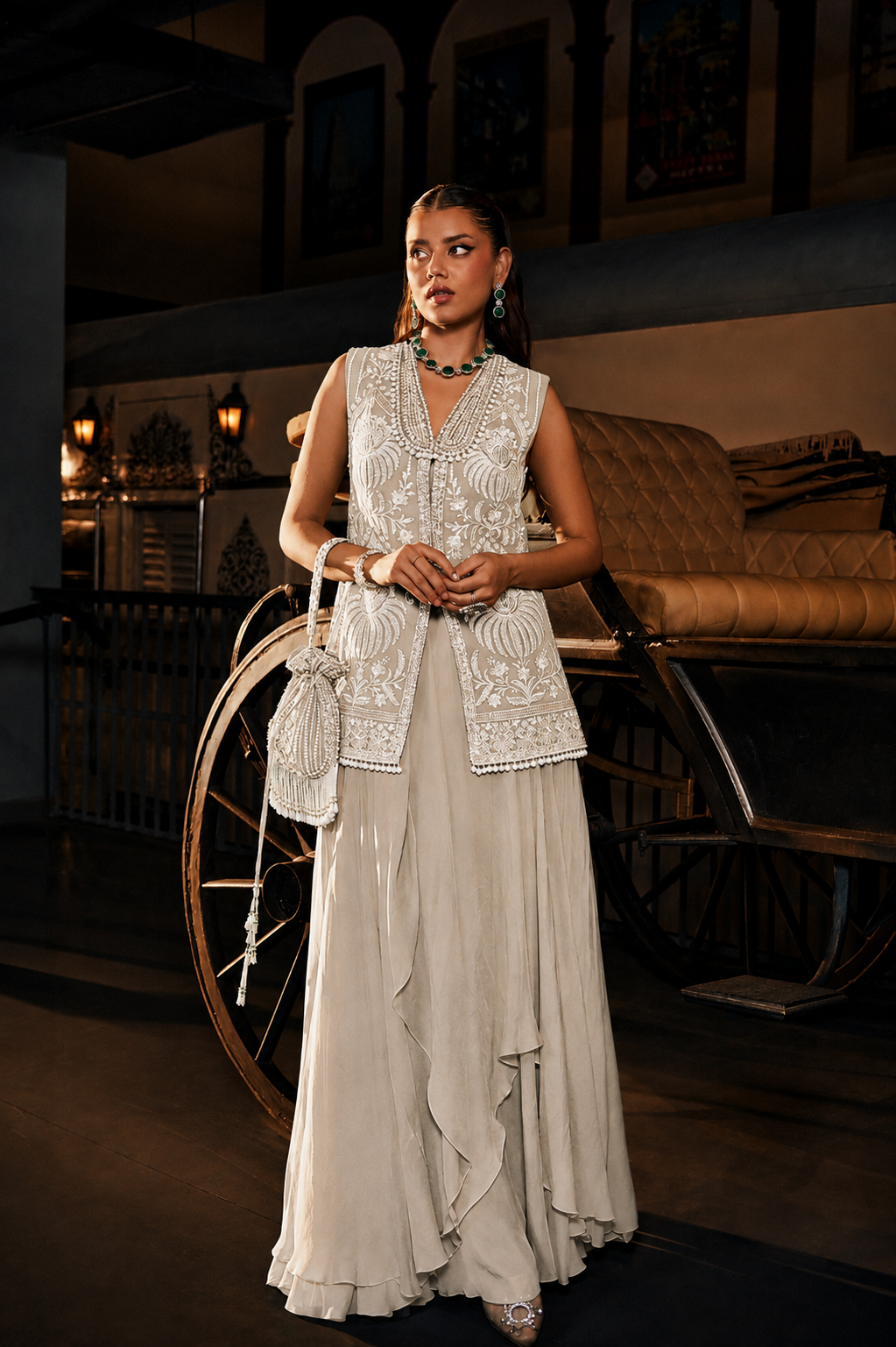 Perle Layered Skirt with Collar Tunic in Emerald Zari