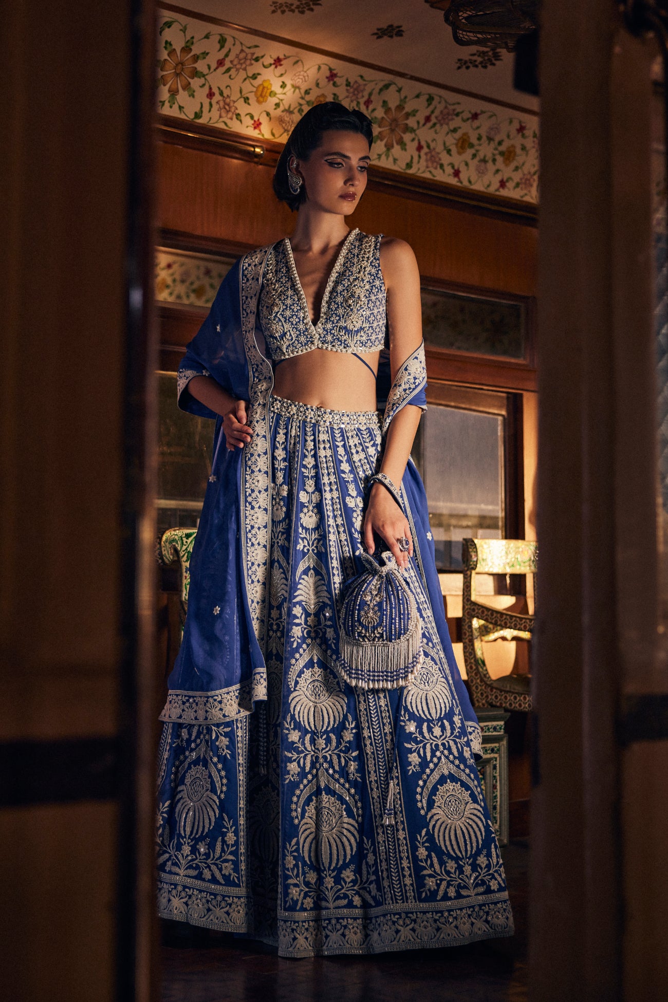 Perle Lehenga Set in Cobalt Thread