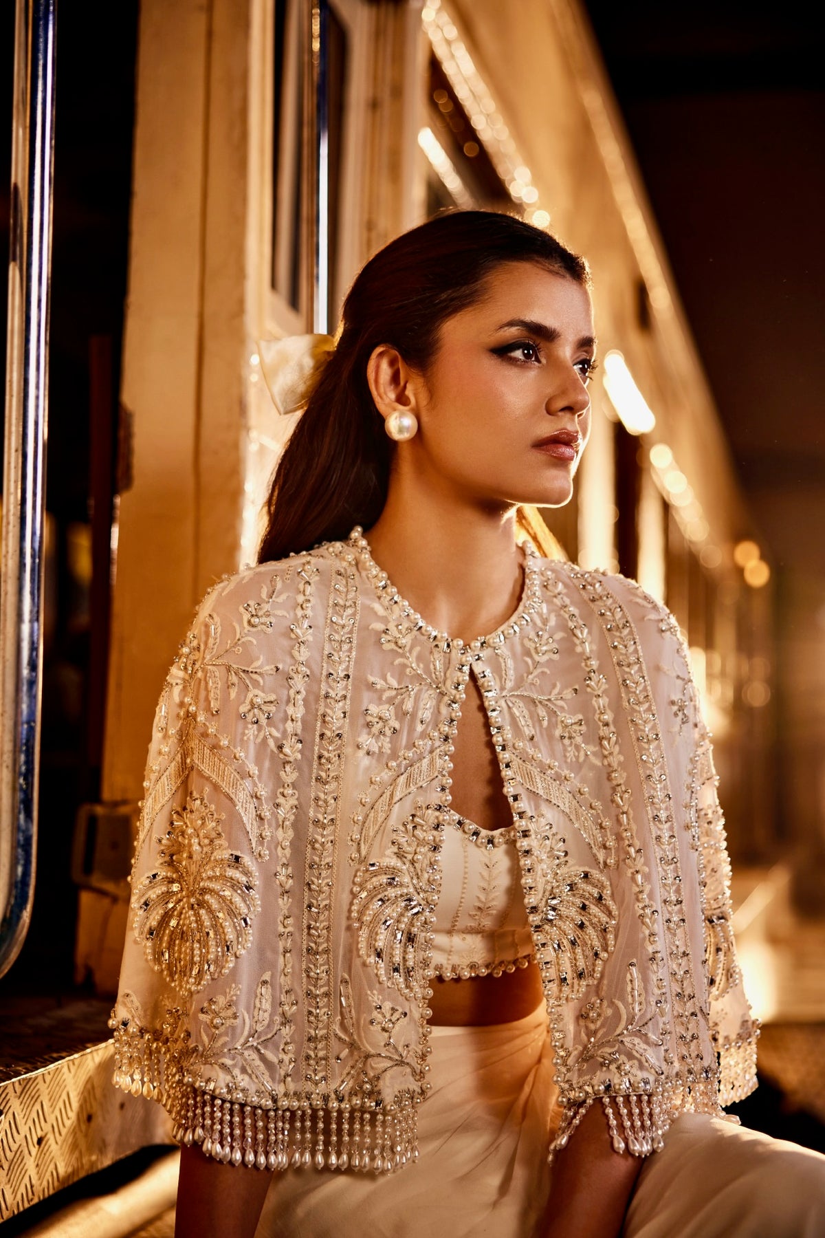 Perle Embellished Cape with Bustier and Trina Skirt in Ivory Thread