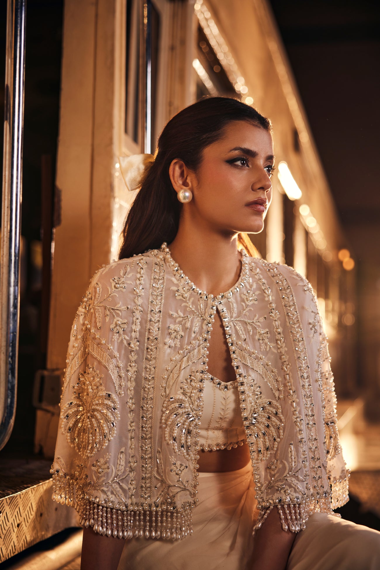 Perle Embellished Cape with Bustier and Trina Skirt in Ivory Thread