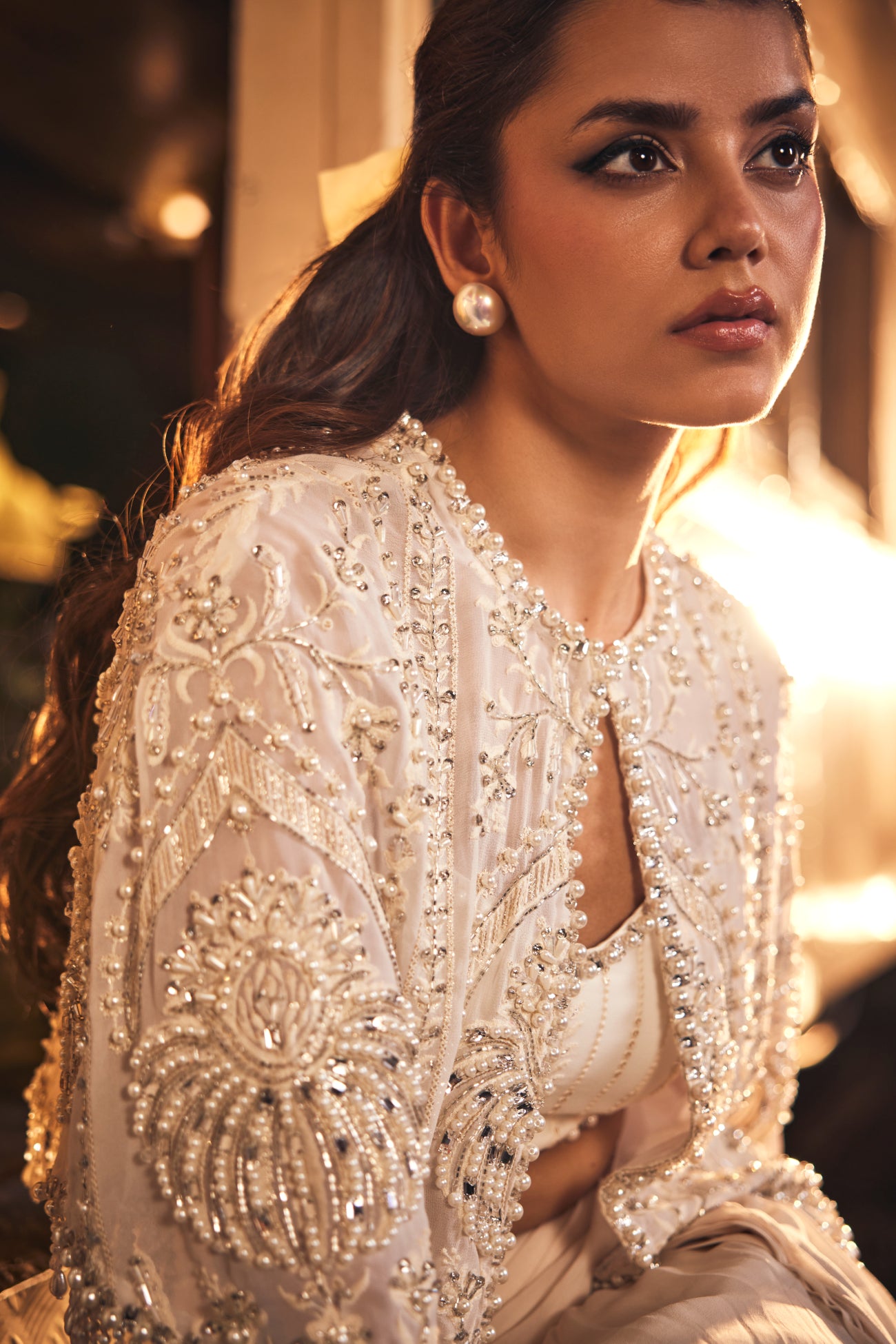 Perle Embellished Cape with Bustier and Trina Skirt in Ivory Thread