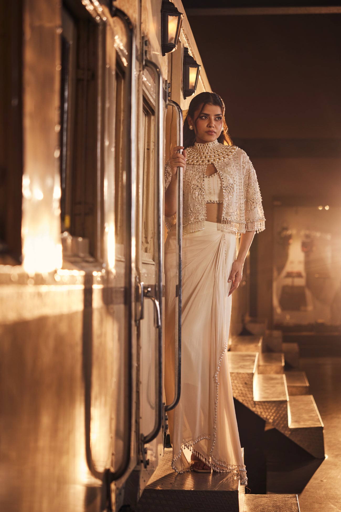 Perle Embellished Cape with Bustier and Trina Skirt in Ivory Thread