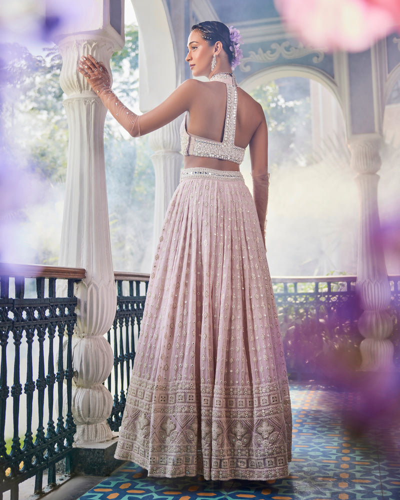 Ira Lehenga with T-back Blouse in Dusty Pink