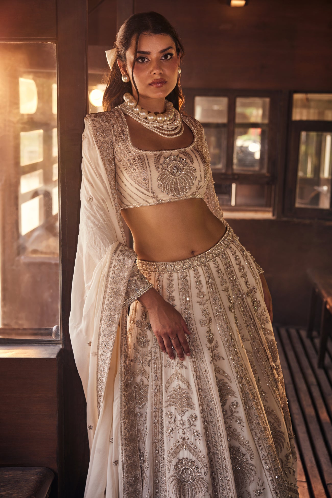 Perle Lehenga Set with Full-Sleeve Blouse in Ivory Zari