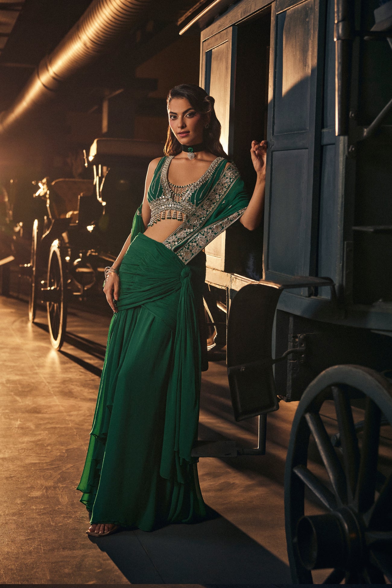 Perle Draped Saree with Tassel Blouse in Emerald Zari