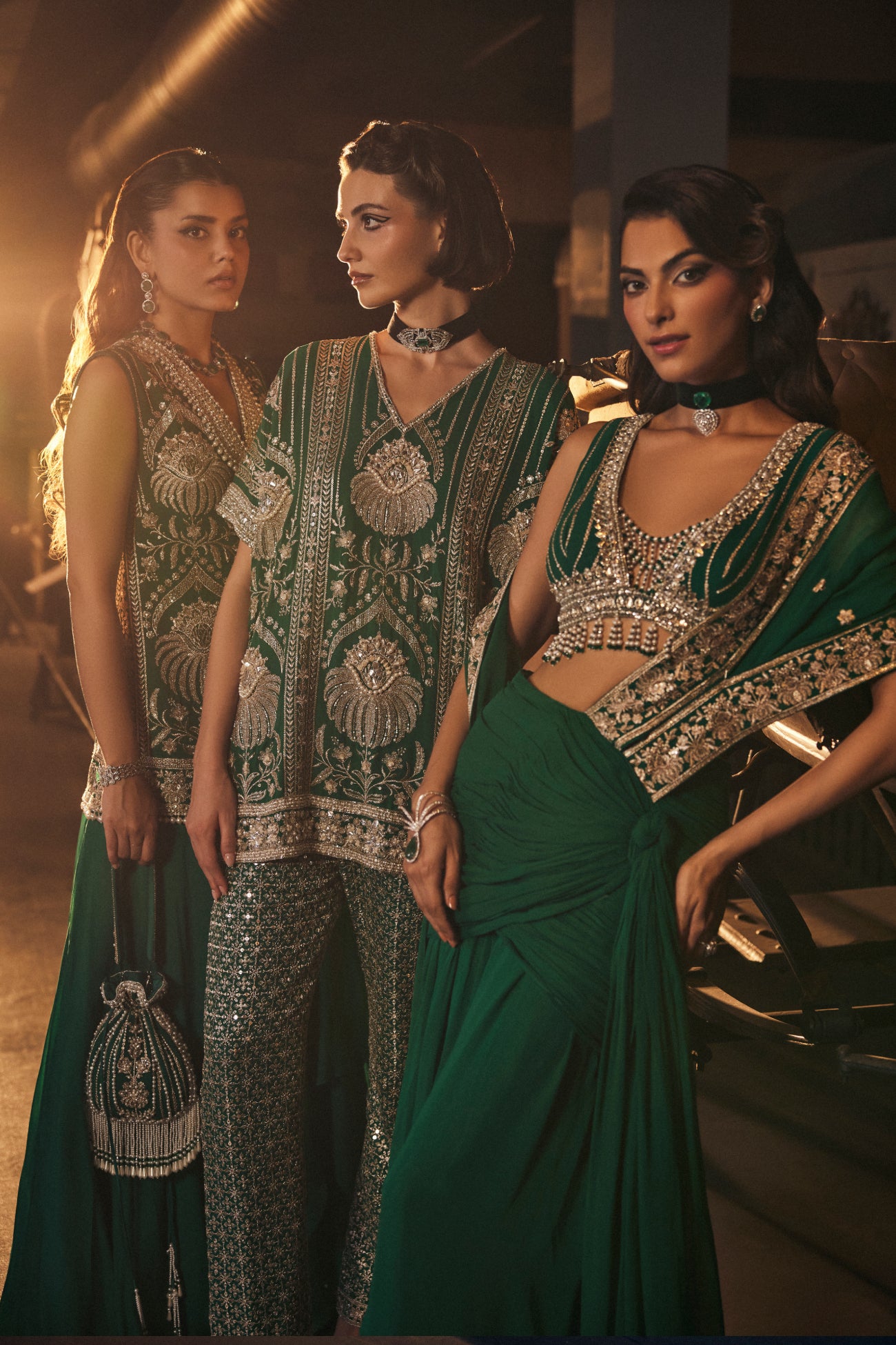 Perle Draped Saree with Tassel Blouse in Emerald Zari