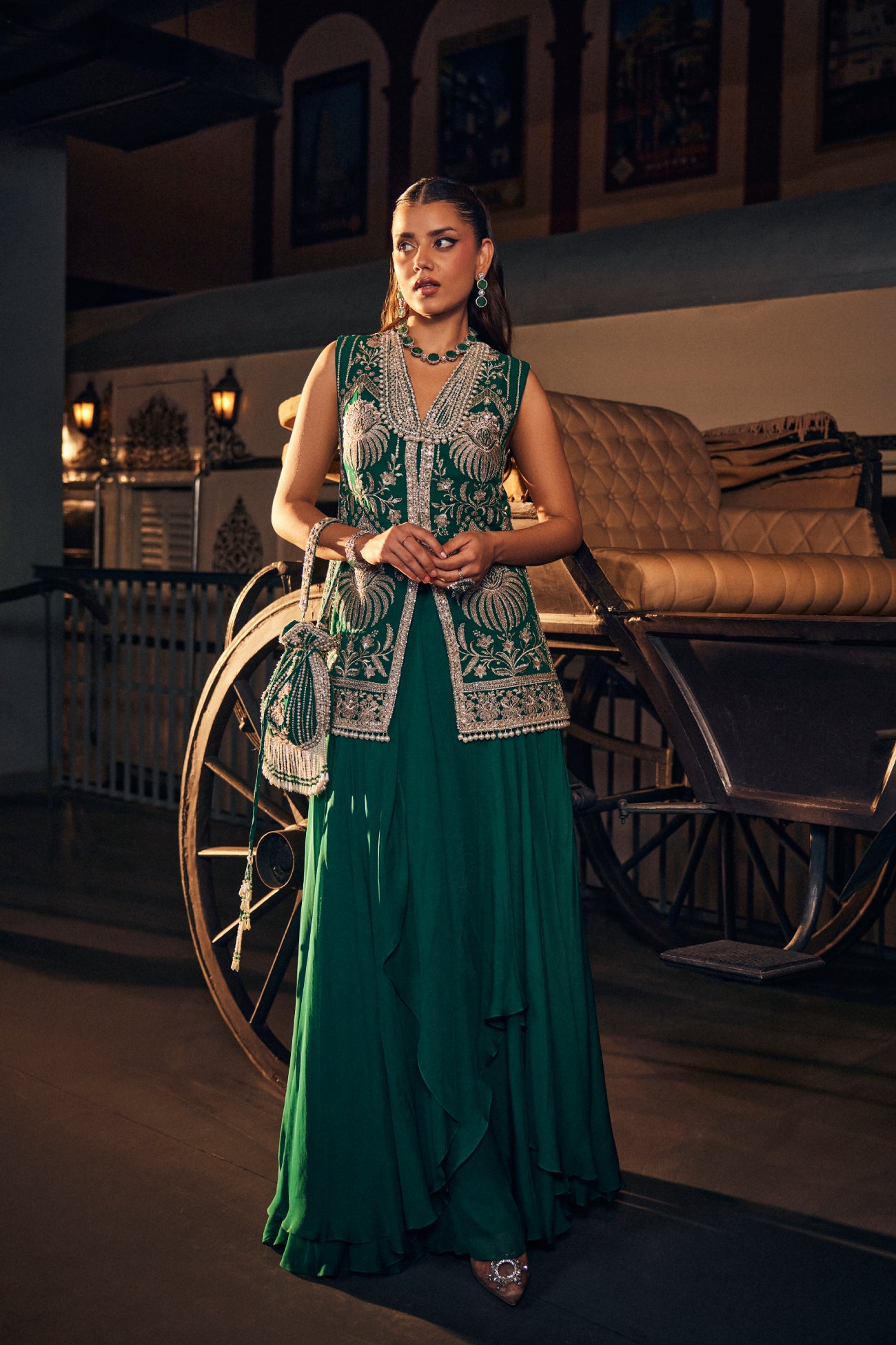Perle Layered Skirt with Collar Tunic in Emerald Zari