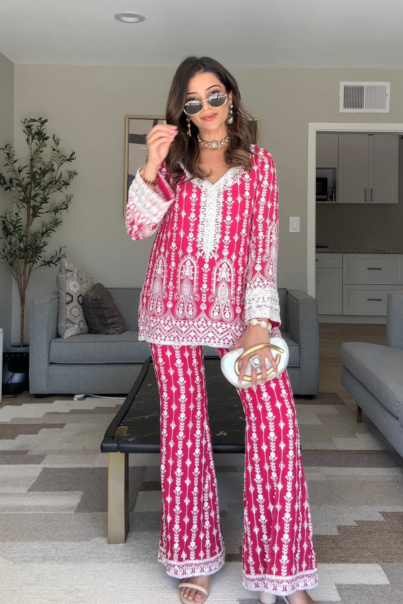 Kiara Slim Tunic Set in Ruby as seen on Shreya
