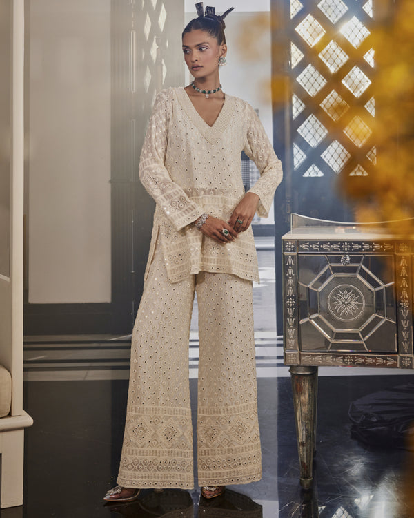 Kiara Slim Tunic with Pearls and Pallazos in Ivory