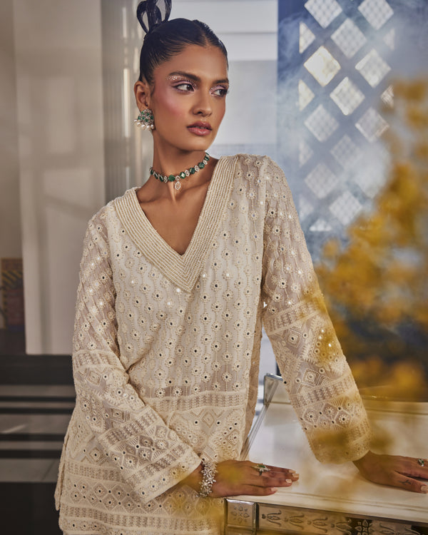 Kiara Slim Tunic with Pearls and Pallazos in Ivory