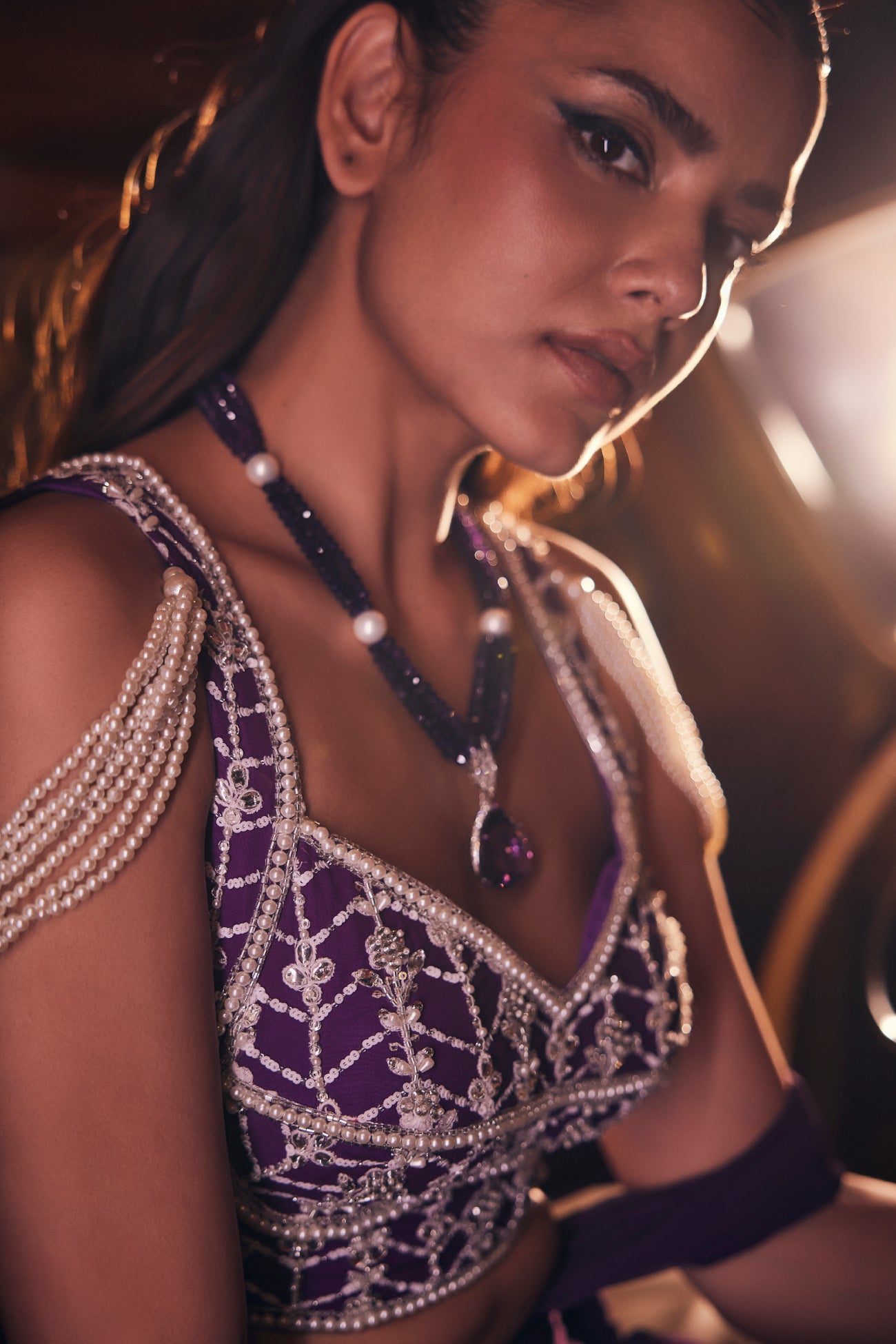 Perle Ruched Saree with Pearl Blouse in Purple