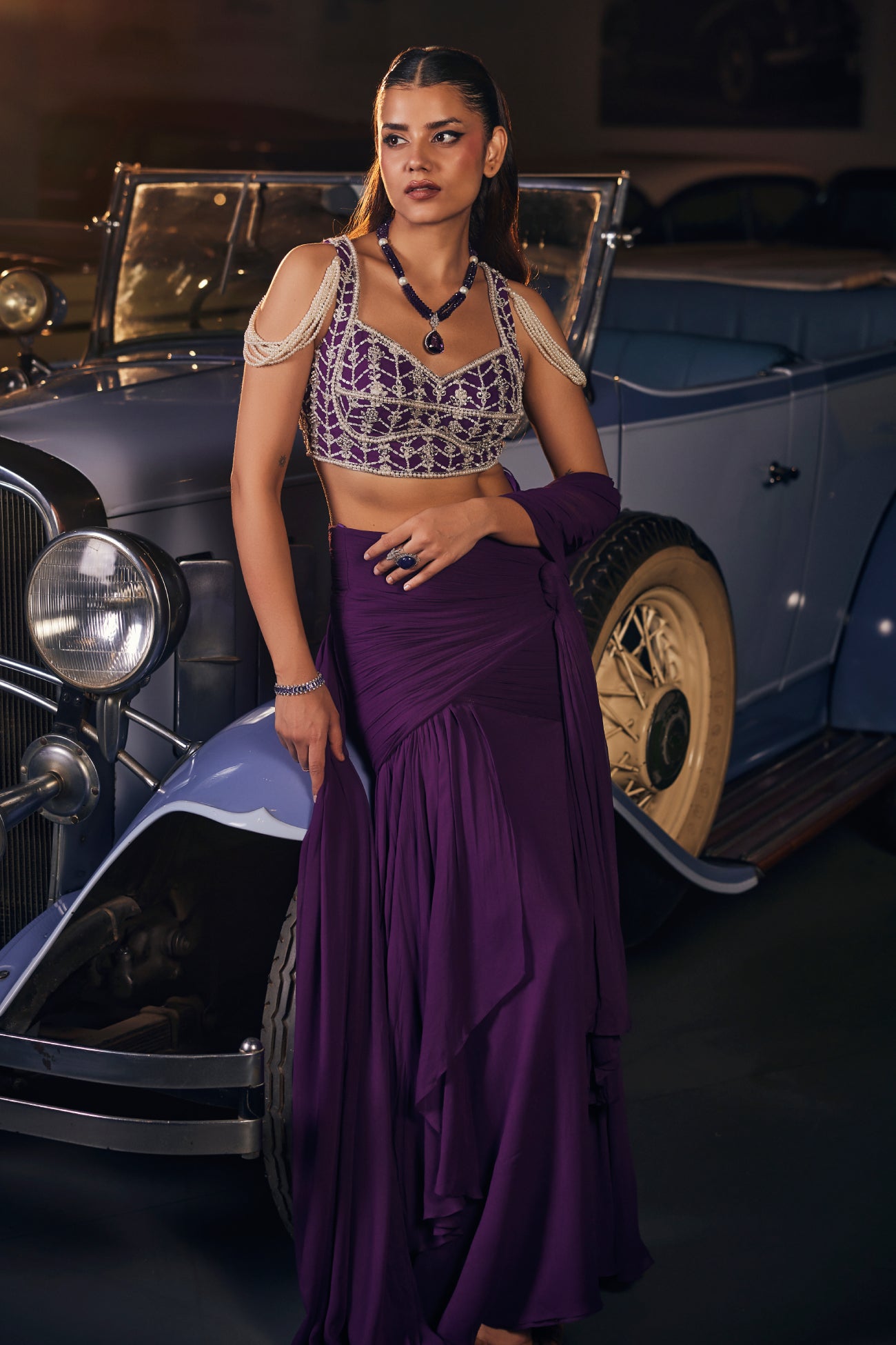 Perle Ruched Saree with Pearl Blouse in Purple