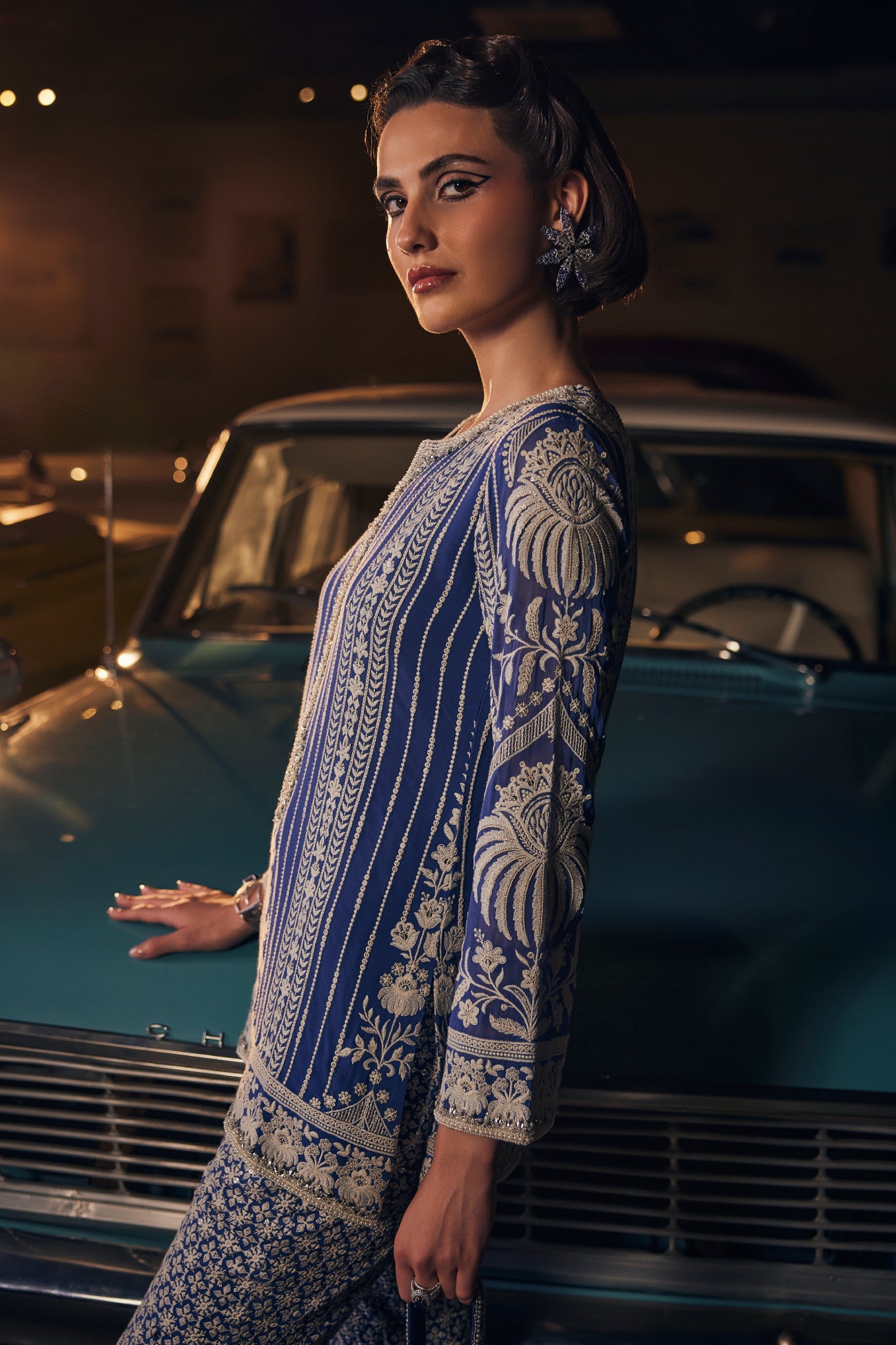 Perle Slim Tunic Set with Palazzos in Cobalt Thread