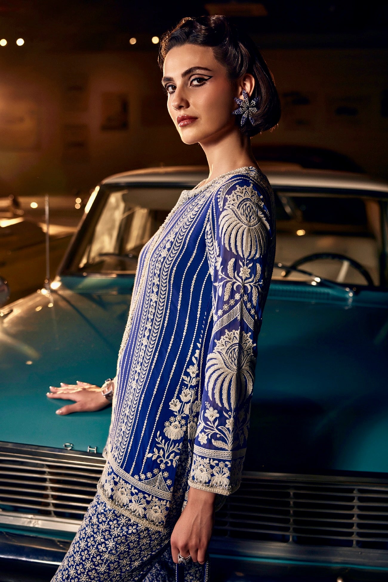 Perle Slim Tunic Set with Palazzos in Cobalt Thread