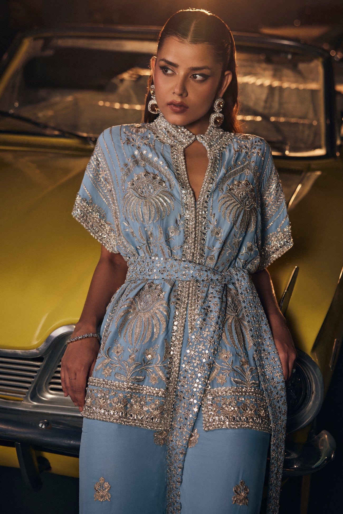 Perle Belted Tunic with Straight Pants in Sky Blue Zari
