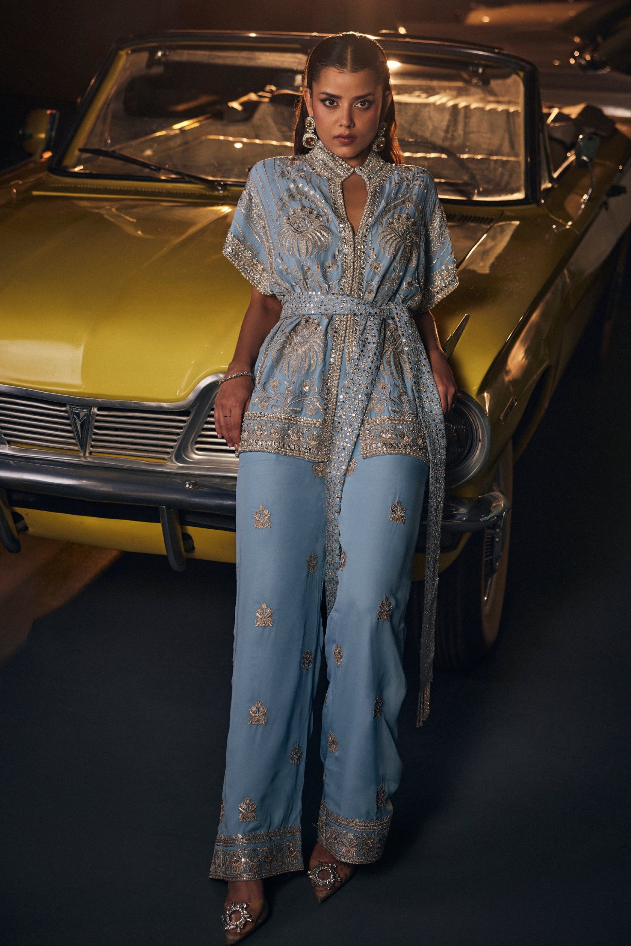 Perle Belted Tunic with Straight Pants in Sky Blue Zari
