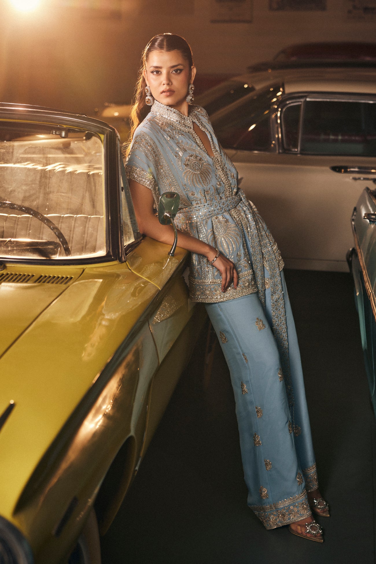 Perle Belted Tunic with Straight Pants in Sky Blue Zari