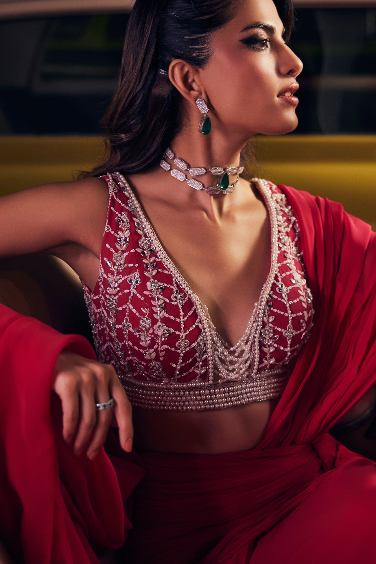 Perle Ruched Saree with Pearl Blouse in Hot Pink