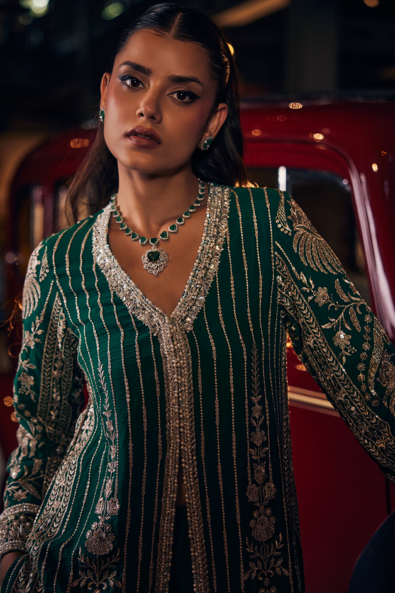 Perle Long Jacket with Pants in Emerald Zari