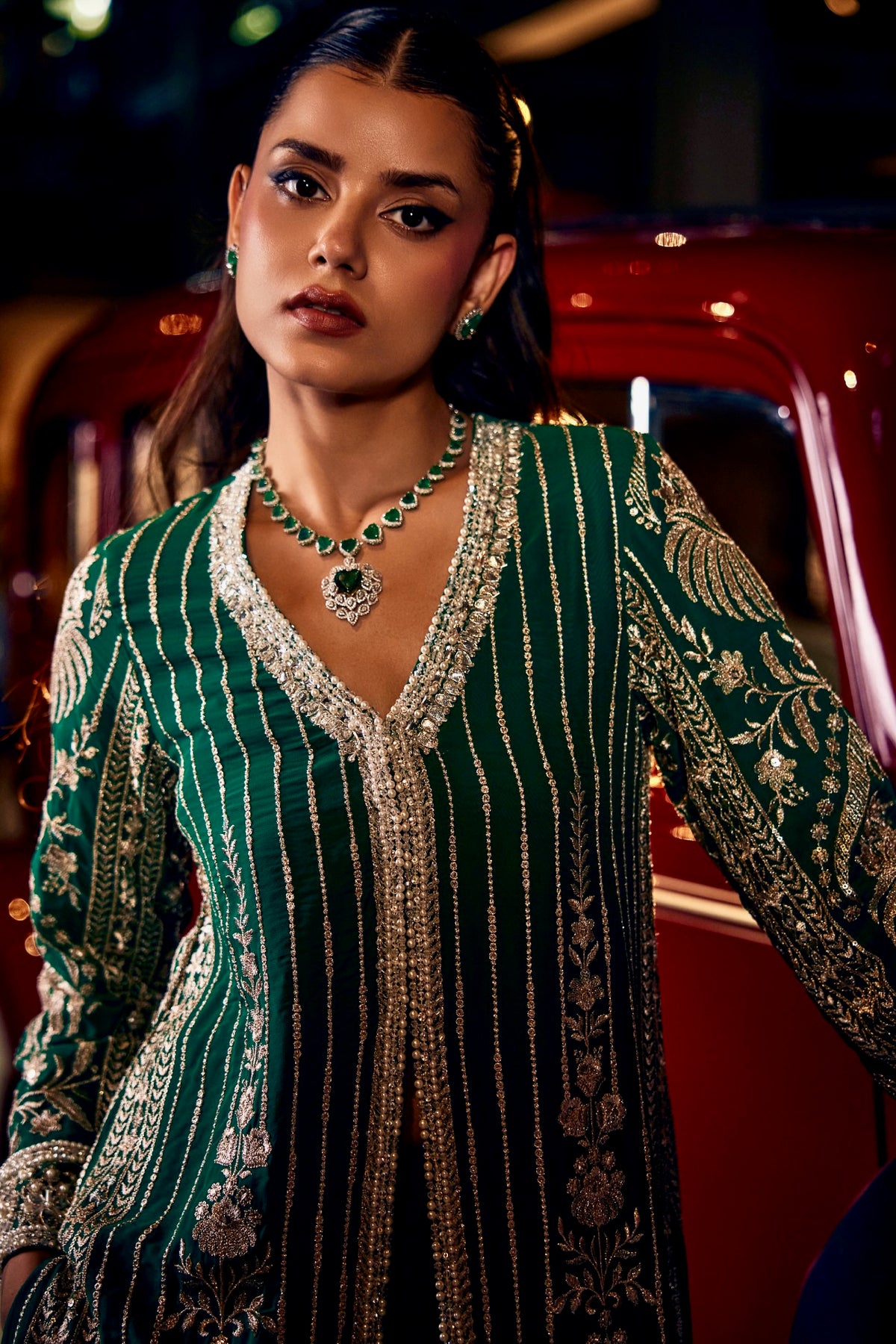 Perle Long Jacket with Pants in Emerald Zari