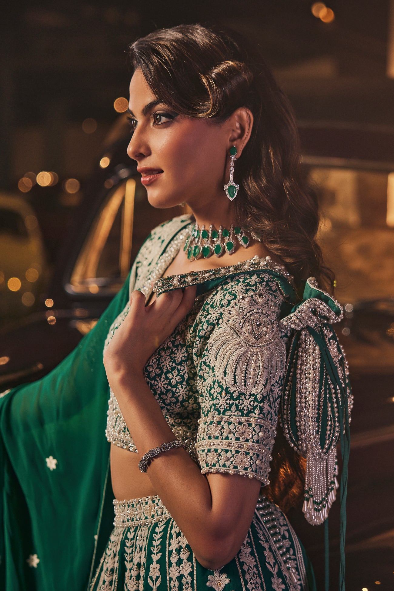 Perle Lehenga Set in Emerald Thread