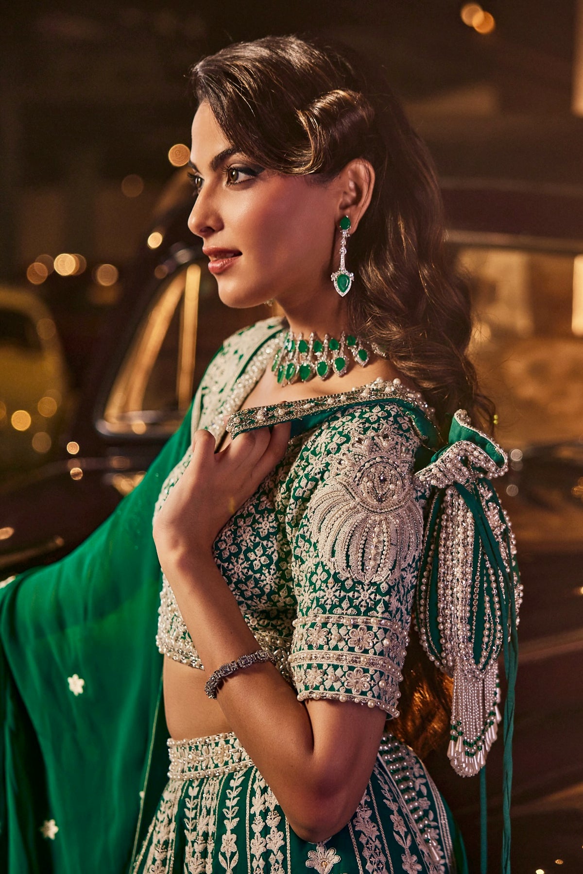 Perle Lehenga Set in Emerald Thread