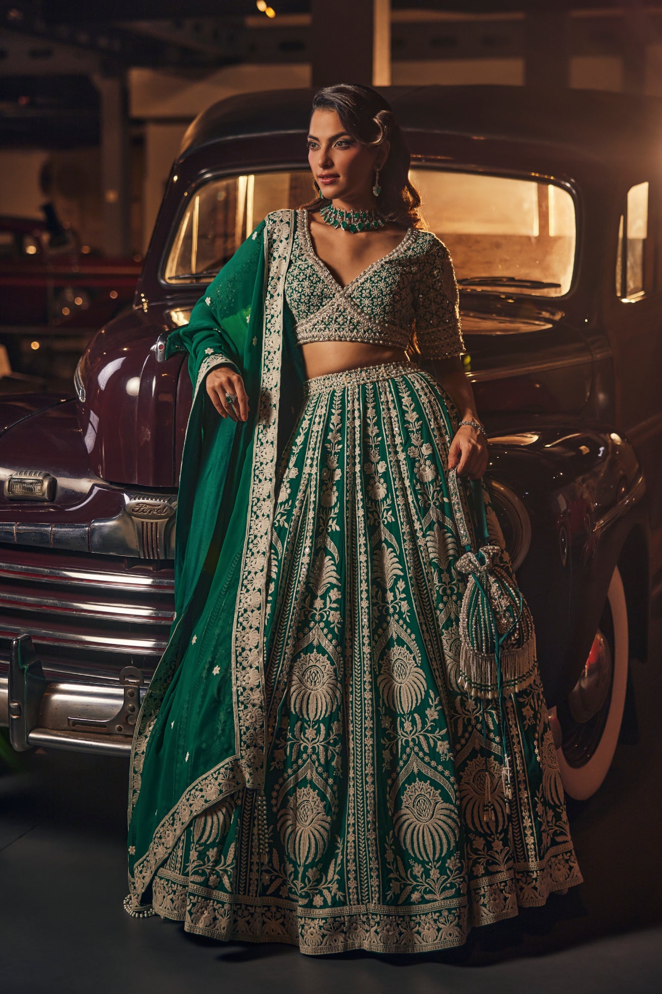 Perle Lehenga Set in Emerald Thread