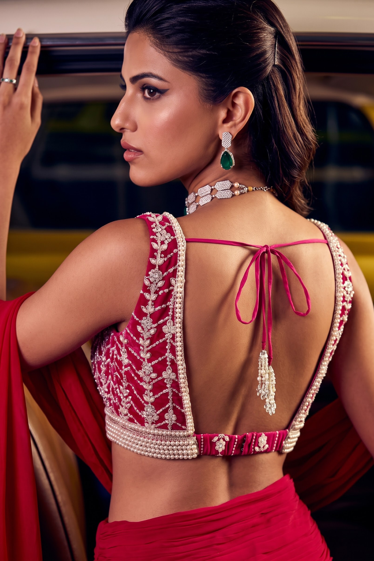 Perle Ruched Saree with Pearl Blouse in Hot Pink