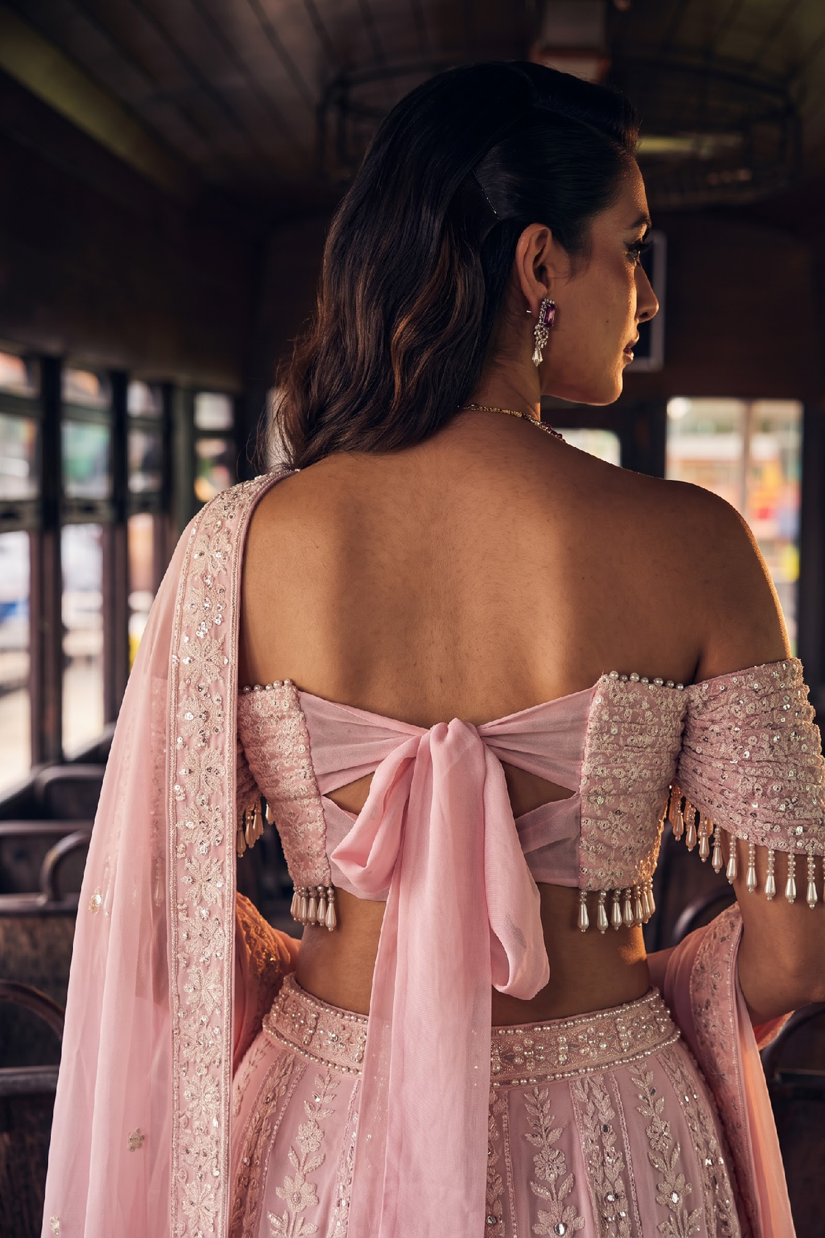 Perle Off-Shoulder Lehenga Set in Pink Thread