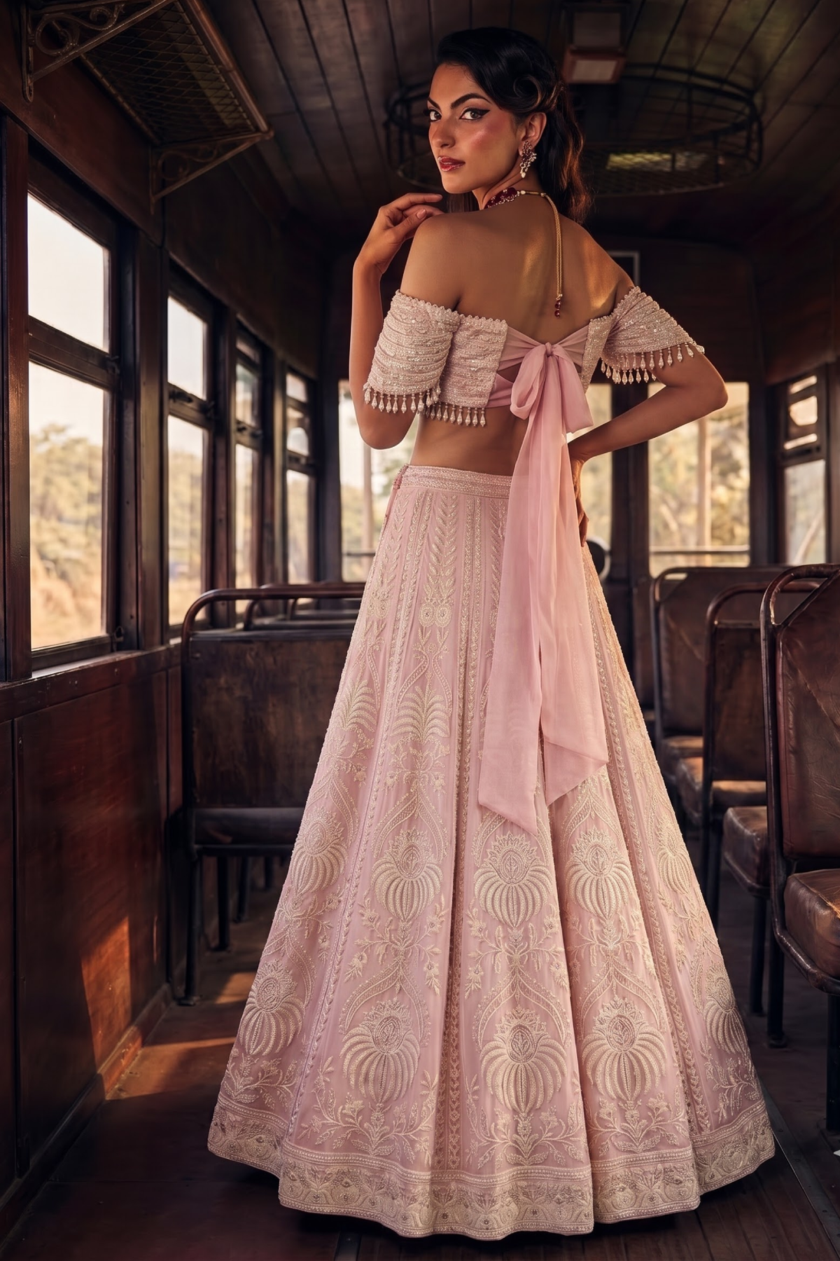 Perle Off-Shoulder Lehenga Set in Pink Thread