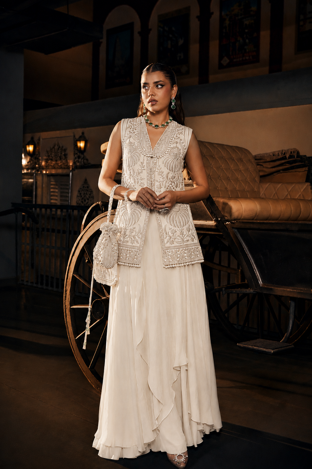 Perle Layered Skirt with Collar Tunic in Emerald Zari