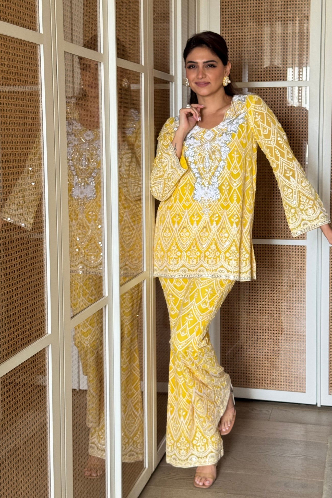 Kiara Slim Tunic Set in Saffron Yellow as seen on Richa Begani