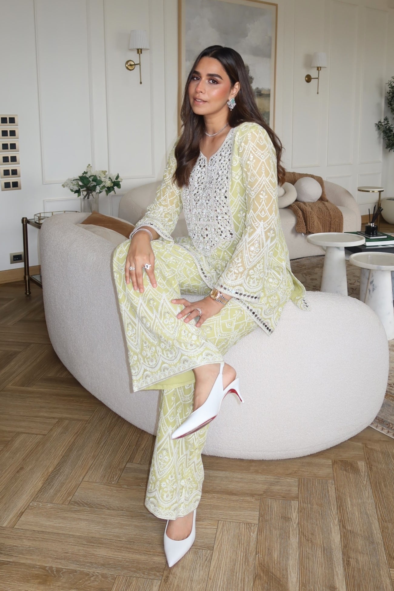 Reh Sharara Top with Palazzos in Lime Green as seen on Summaiya