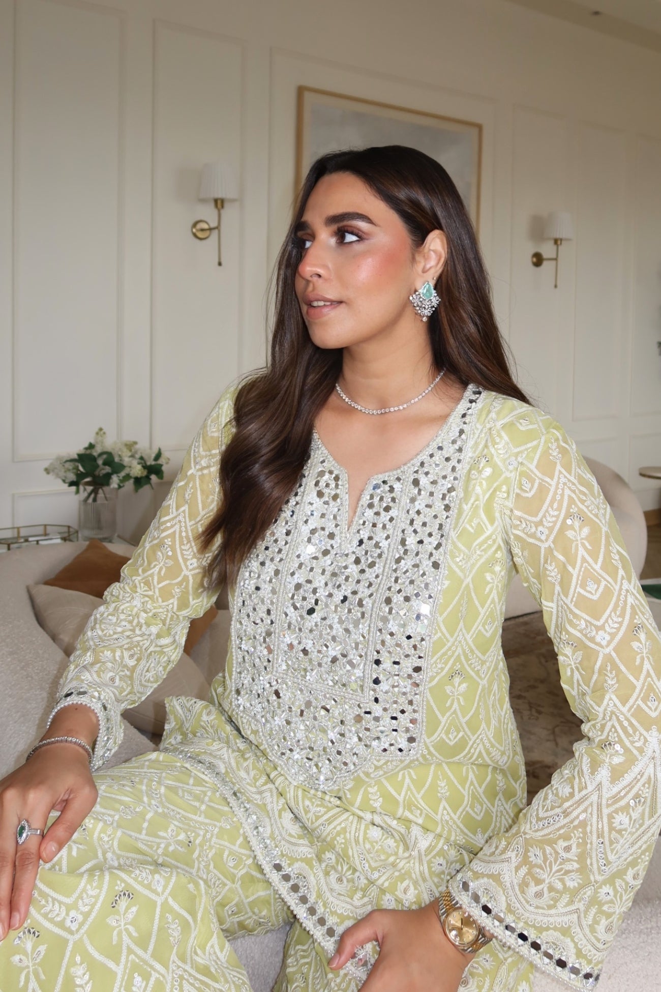 Reh Sharara Top with Palazzos in Lime Green as seen on Summaiya