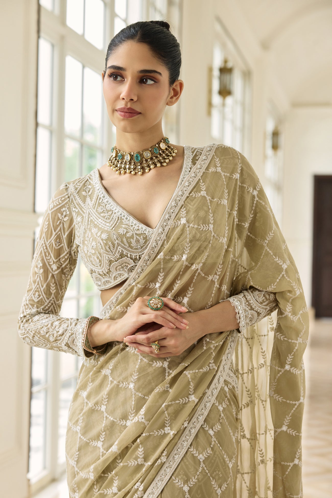 Ada Pre-Draped Saree Set in Dusty Grey