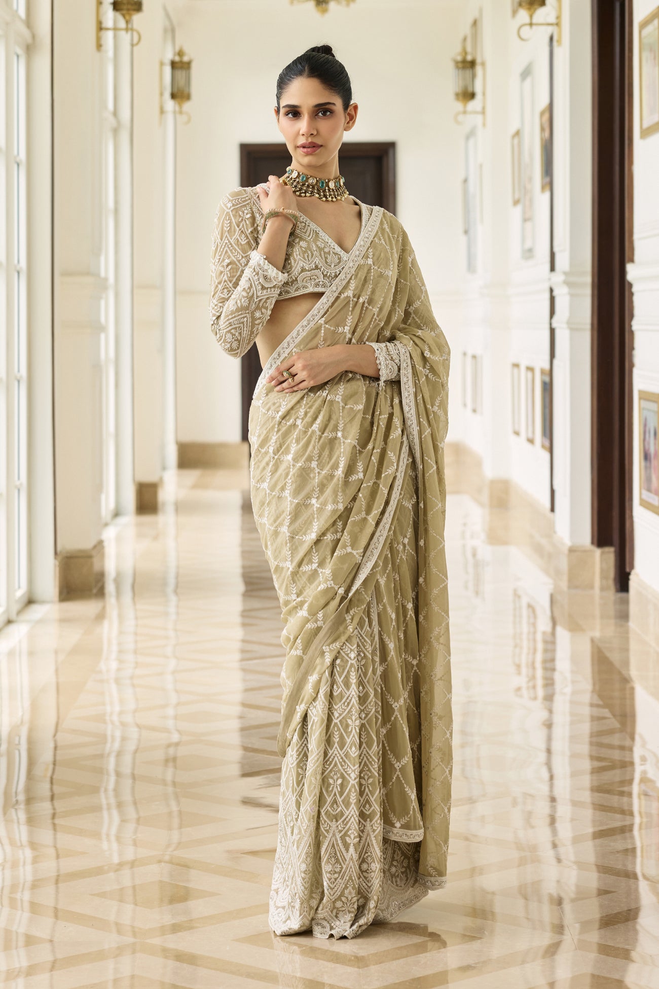 Ada Pre-Draped Saree Set in Dusty Grey