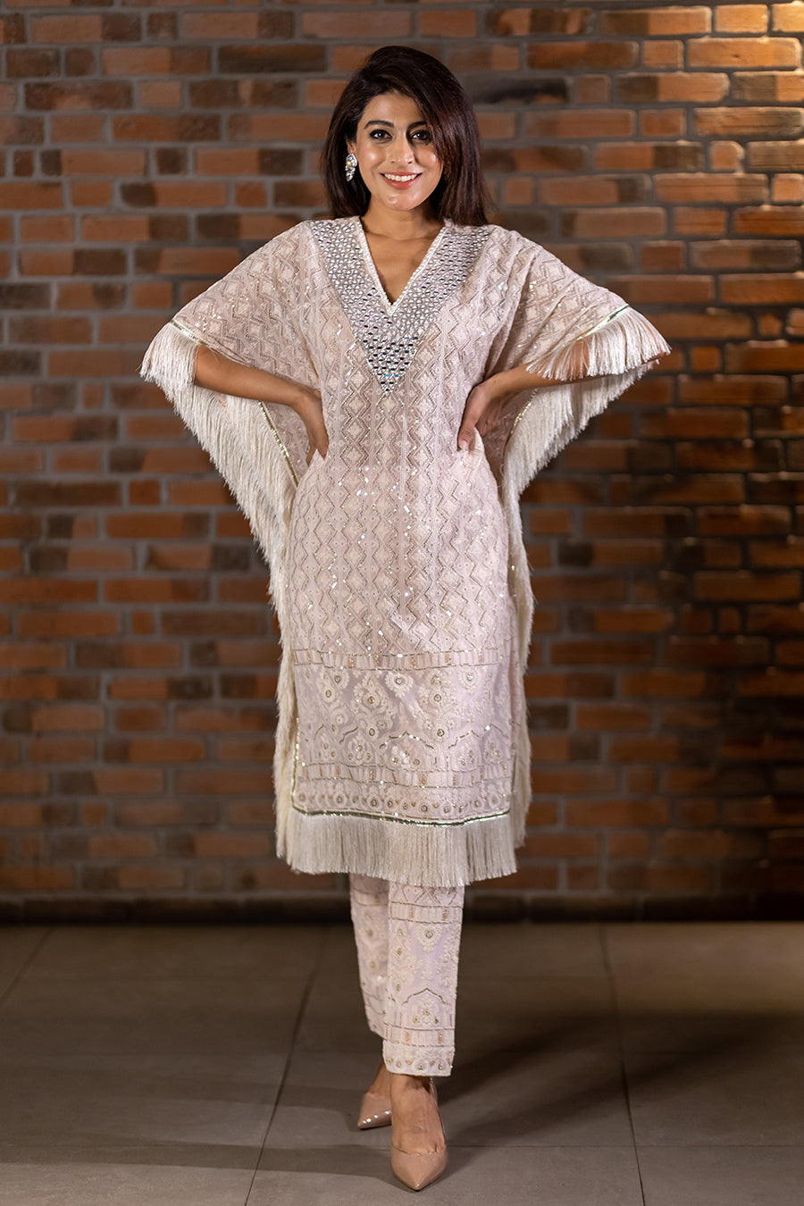 Lucknowi Kaftan Set in Blush with Mirror Neck