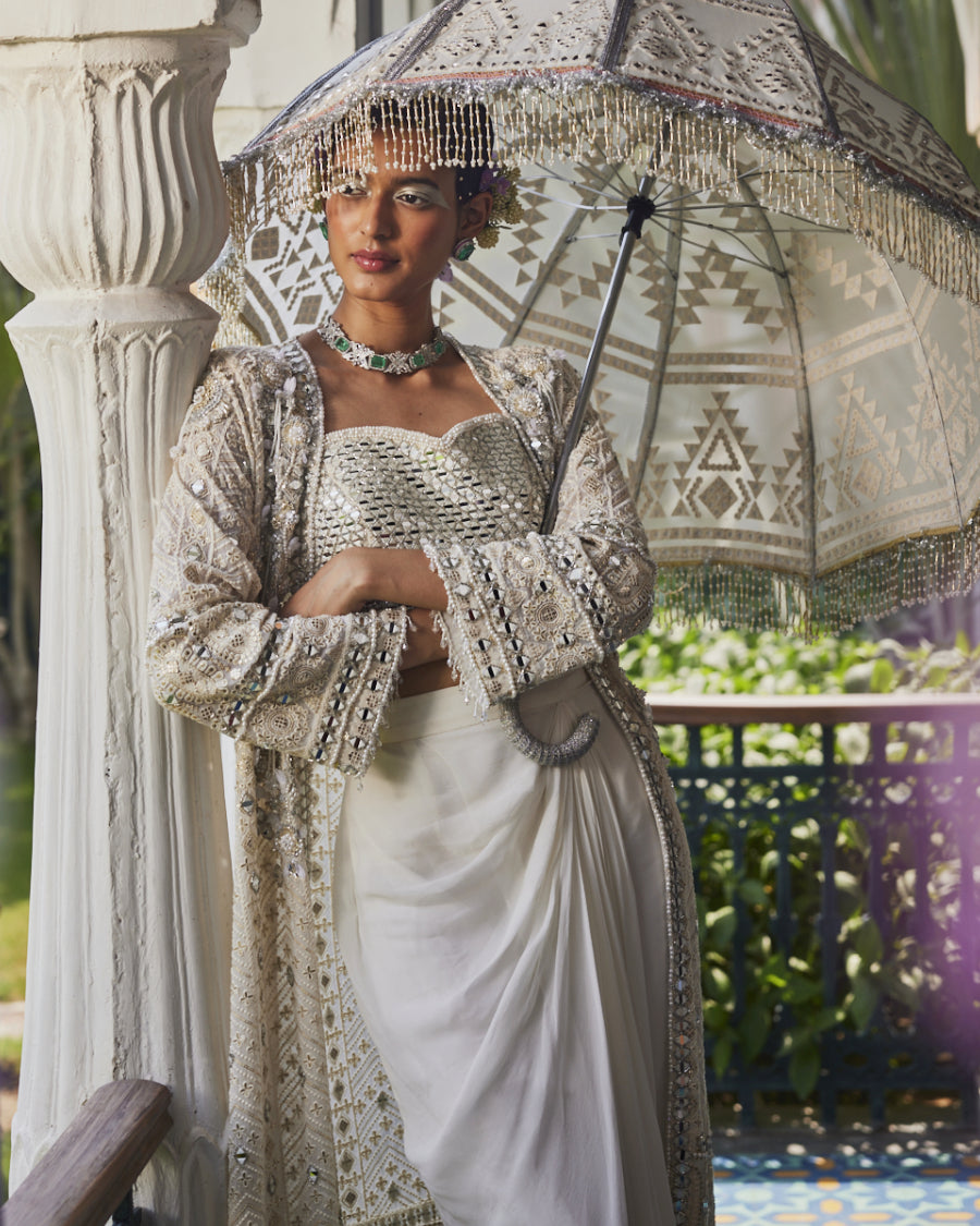 Anais Cape with Mirror Blouse and Draped Skirt in Ivory