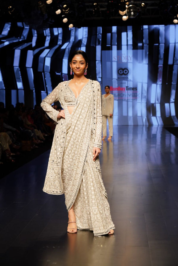 Dusty Grey Pearl and Mirror Embellished Long Cape, Bralette top and a Saree with no Pallav