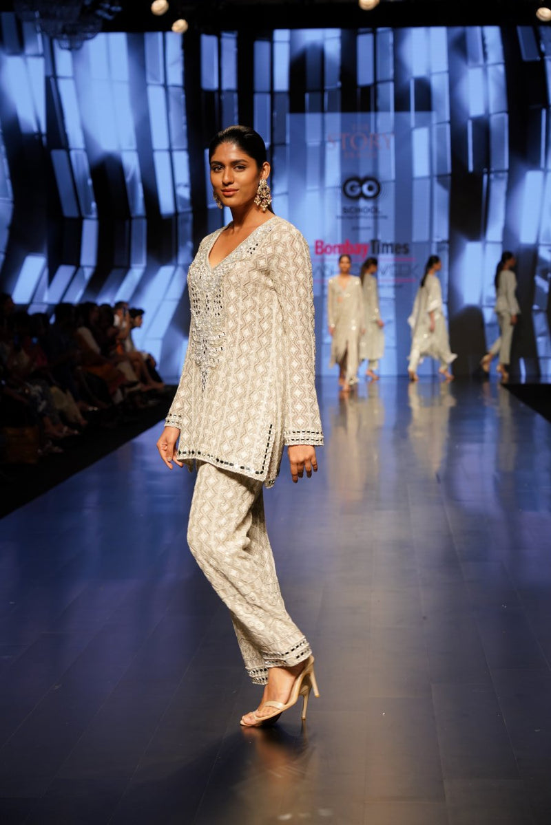 Dusty Grey Gota and Mirror Embellished Tunic with Pants