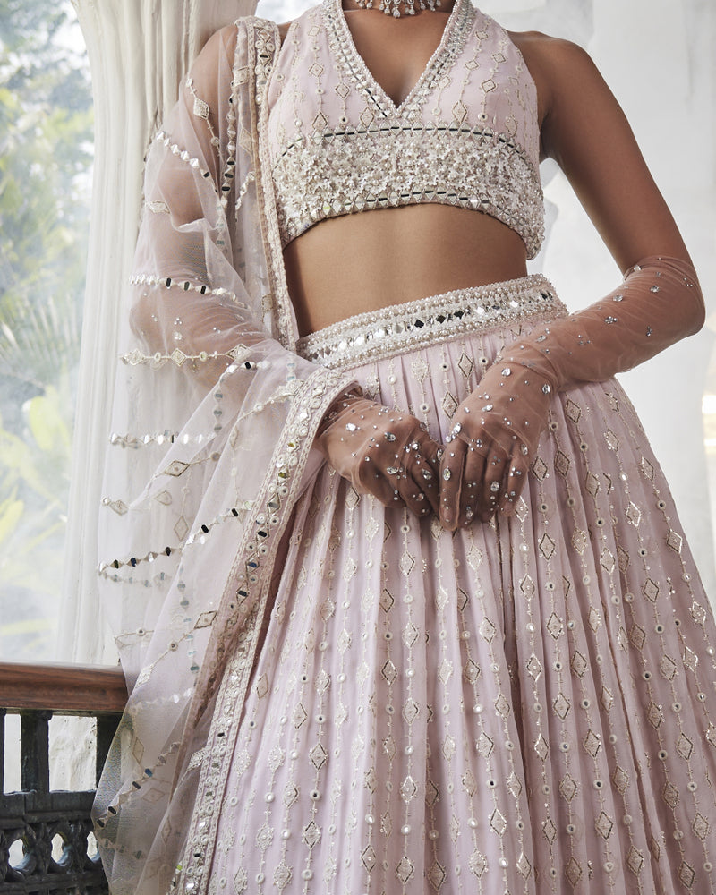 Ira Lehenga with T-back Blouse in Dusty Pink