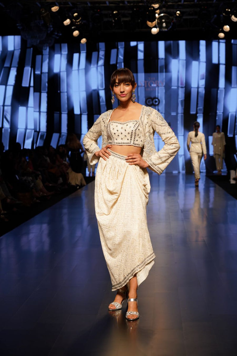 Ivory Gota and Mirror Embellished Box Jacket, Bustier Top with a Matching Draped Skirt