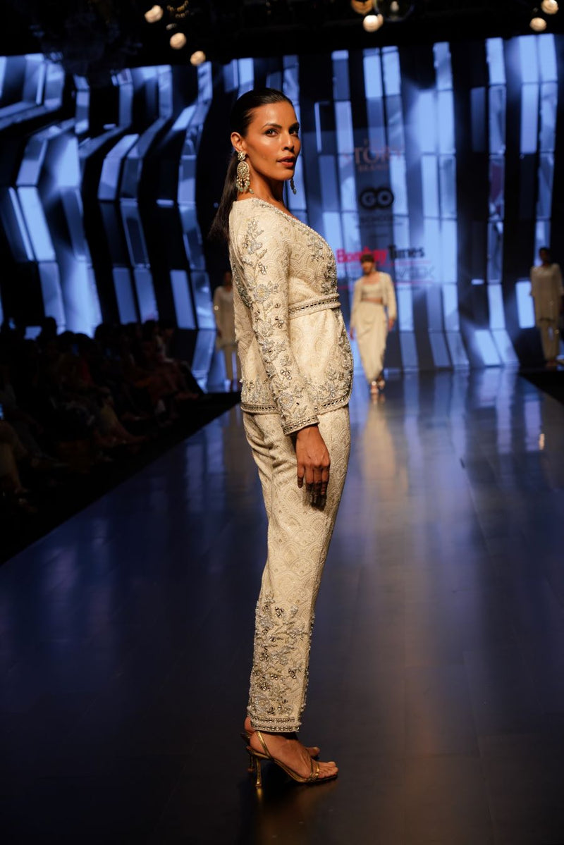 Ivory Gota and Mirror Embellished short cape, bralette top, belt and matching pants