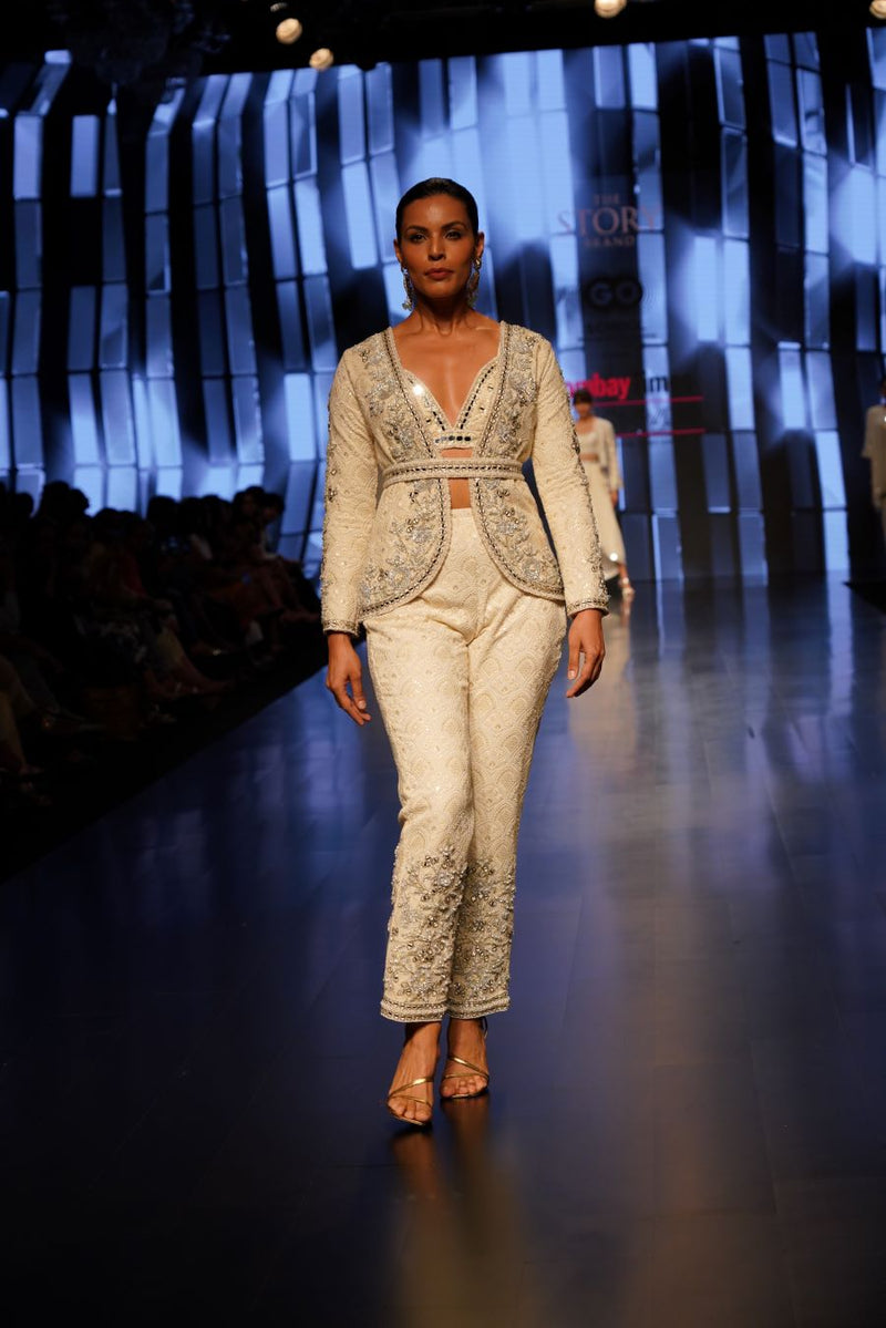 Ivory Gota and Mirror Embellished short cape, bralette top, belt and matching pants