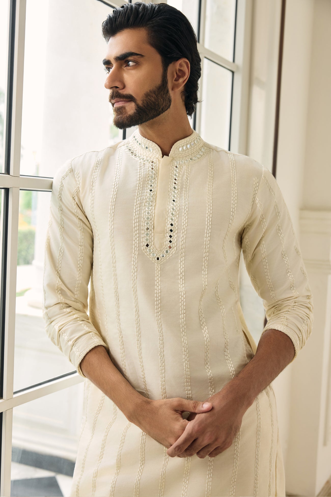 Luca Kurta in Ivory Mirror and Thread-Work