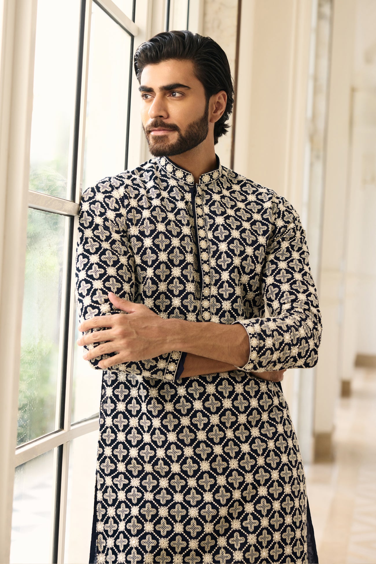 Luca Kurta in Navy Blue Lucknowi