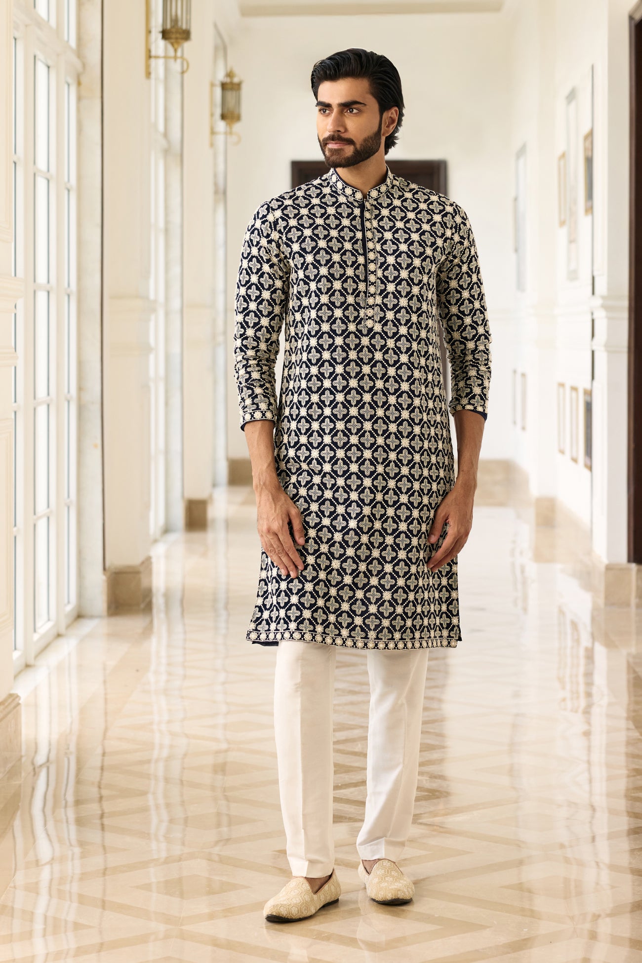 Luca Kurta in Navy Blue Lucknowi