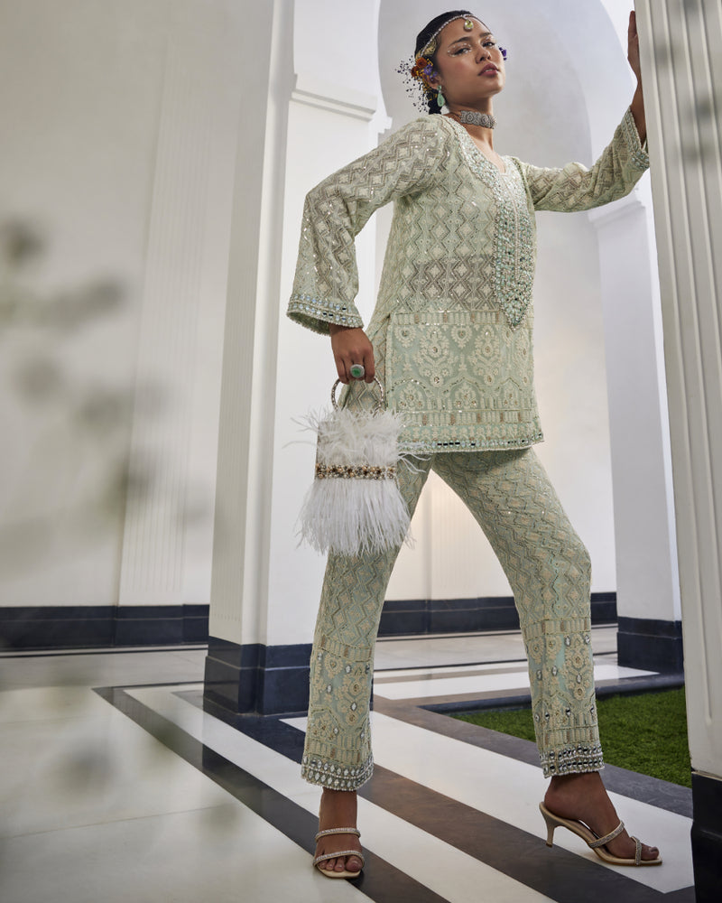 Kiara Slim Tunic with Long Mirror Yoke and Narrow Mirror Pants in Sky