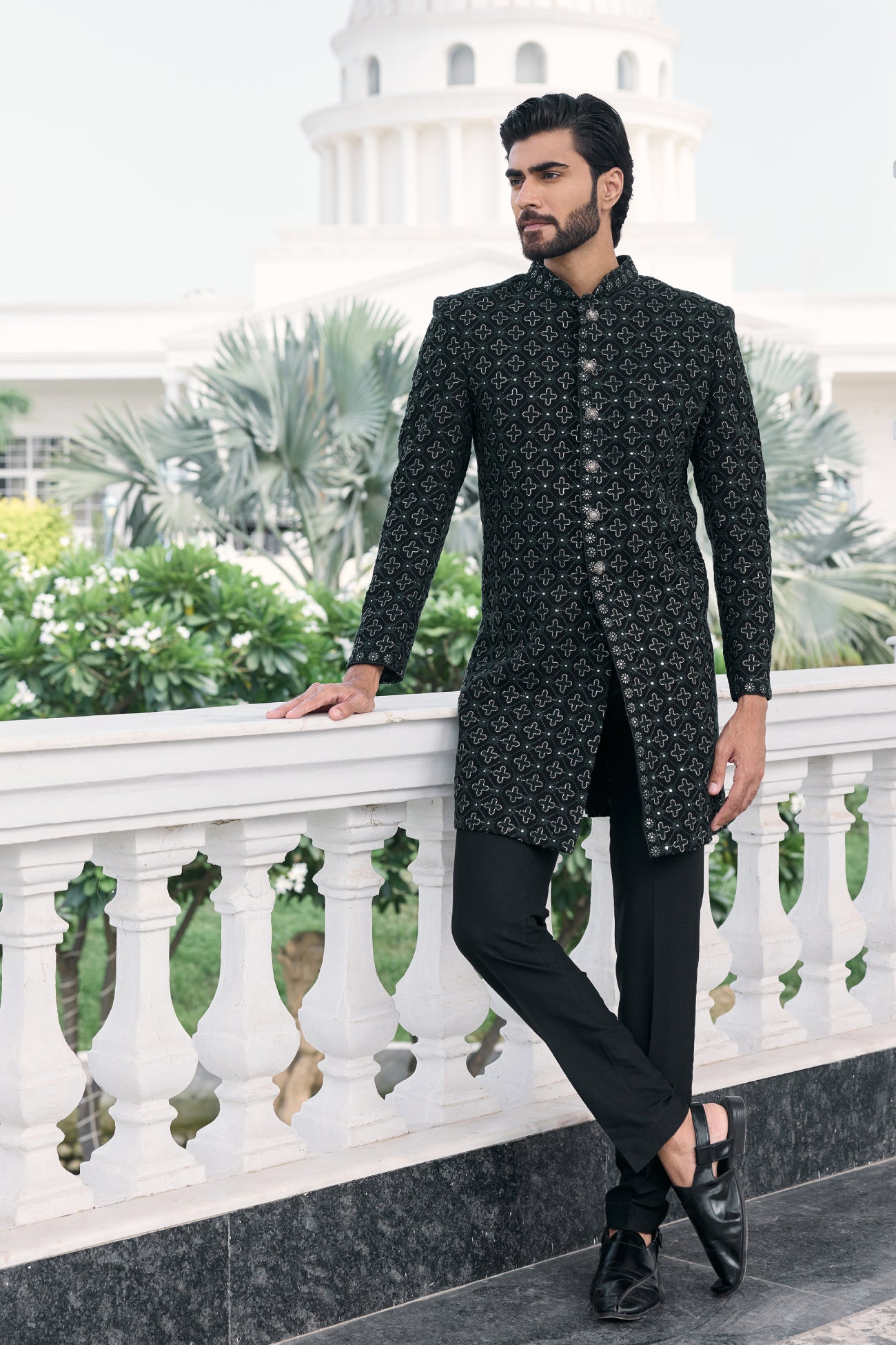 Jal Sherwani Set in Black Lucknowi
